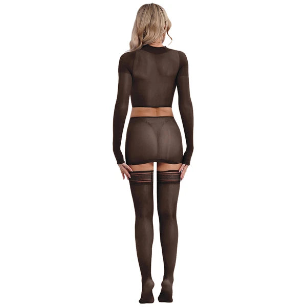 Womens Crop Top And Skirt With Stockings Round Neck Nightwear Tempting Glossy