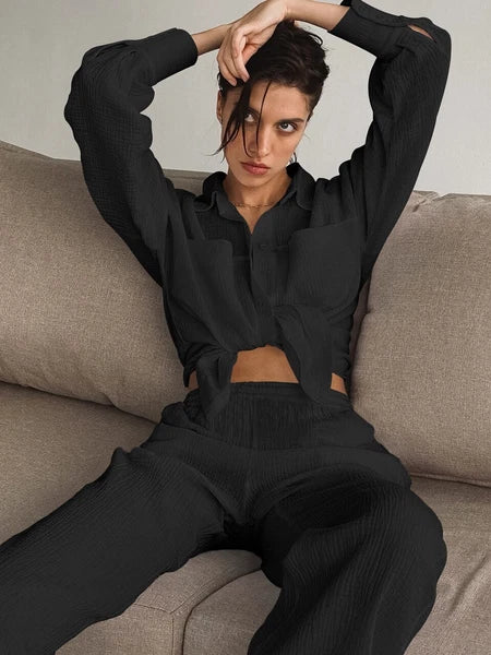 2023 Women's pajamas cotton long sleeved 2-piece pajama casual pants set