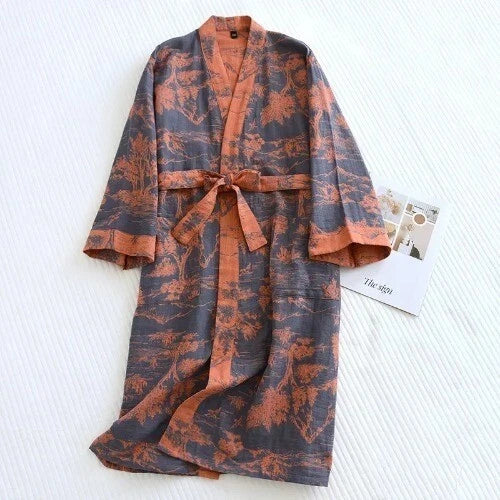 Women's Printed Cotton Loose Fitting Bathrobe Tie Up Sweat Steaming Robes