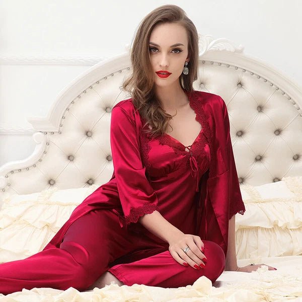 luxury silk cloth embroidery Women Sexy Sleepwear nightgown Ladies pajamas set