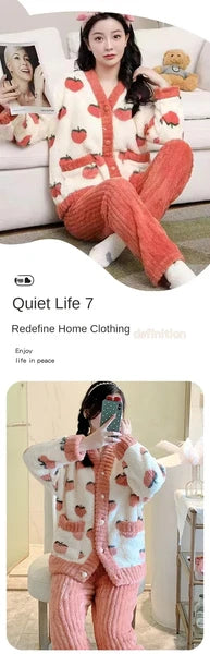 Women Pajamas Loungewear Winter Peach Sleepwear Homewear Two-Piece Set Nightwear