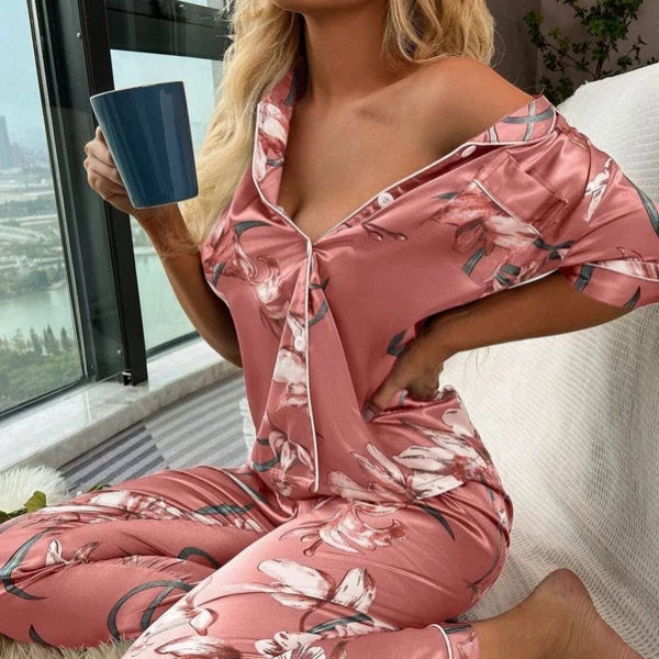 Women's Silk Satin Pajamas Set Short Sleeve Print Sleepwear Nightwear Pyjamas PJ