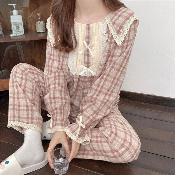 Lolita Princess Pajamas Set Women Loose Lacework Bow Tie Plaid Top Pants 2 Pcs