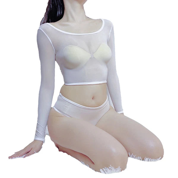 Womens Crop Top With Briefs Mid Waist Nightwear Long Sleeve Tops And Panties