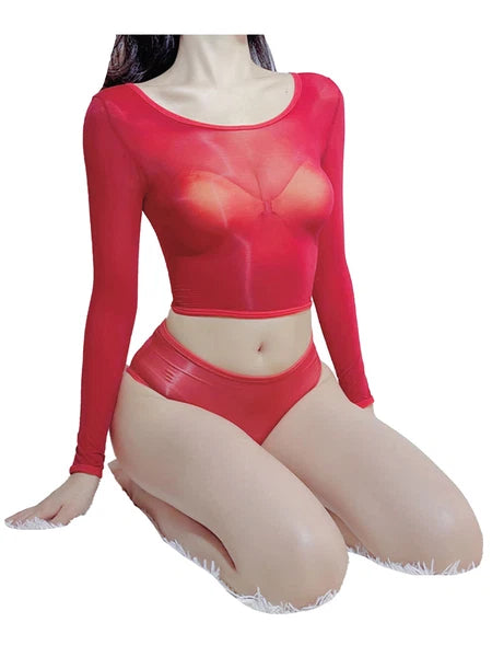 Womens Crop Top With Briefs Mid Waist Nightwear Long Sleeve Tops And Panties