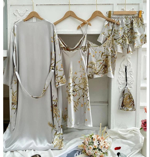 2023 Printed bathrobe pajamas, summer 4-piece set, women's sexy kimono