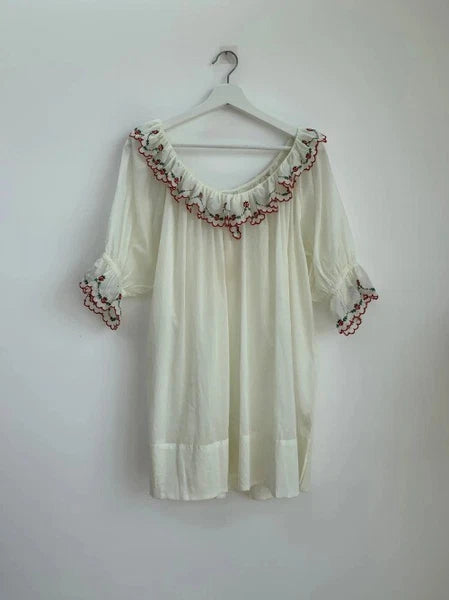 Vintage Women Sleepwear LadiesStrawberry Embroidery Lace  Semitransparent Dress