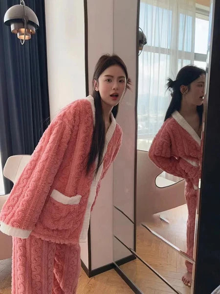 2pcs/Set Autumn and Winter Pajamas Women Thickened Padded Warm Students Coral