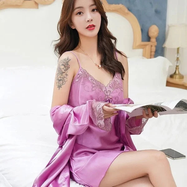 2023 Women's summer short sleeved thin satin pajama robe 2-piece set