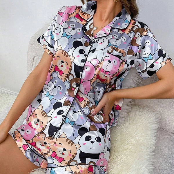 Women's Short Sleeve Silk Pajamas Set Print Satin Sleepwear Homewear Nightwear