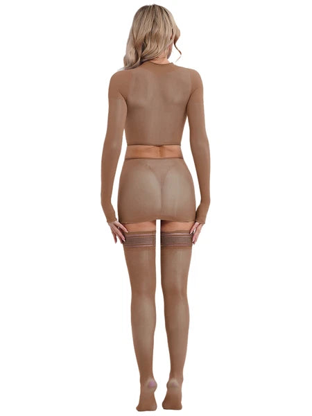 Womens Crop Top And Skirt With Stockings Round Neck Nightwear Tempting Glossy