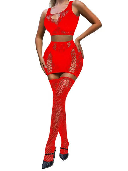 Womens Nightwear See-Through Lingerie Set Thigh High Stockings Babydolls Party