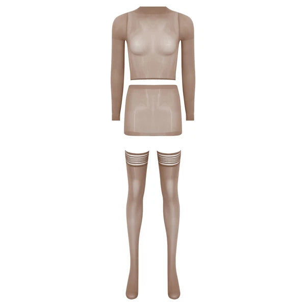 Womens Crop Top And Skirt With Stockings Round Neck Nightwear Tempting Glossy