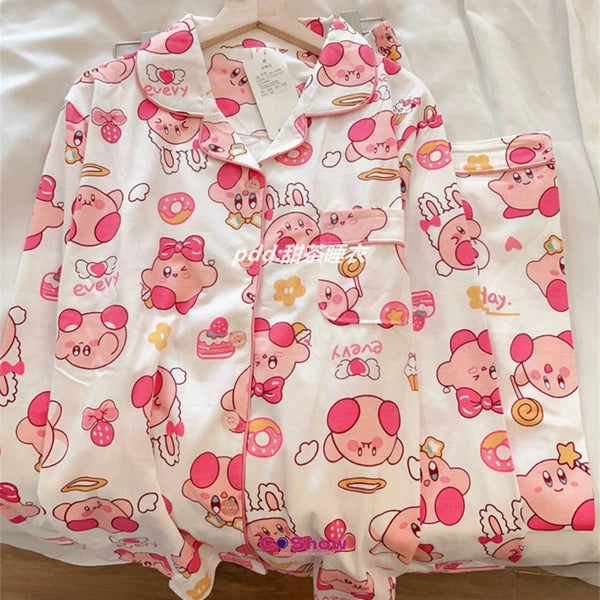 Woman Cartoon Kirby Star Kawaii Costume Pajamas Top Pants Nightwear Home Wear