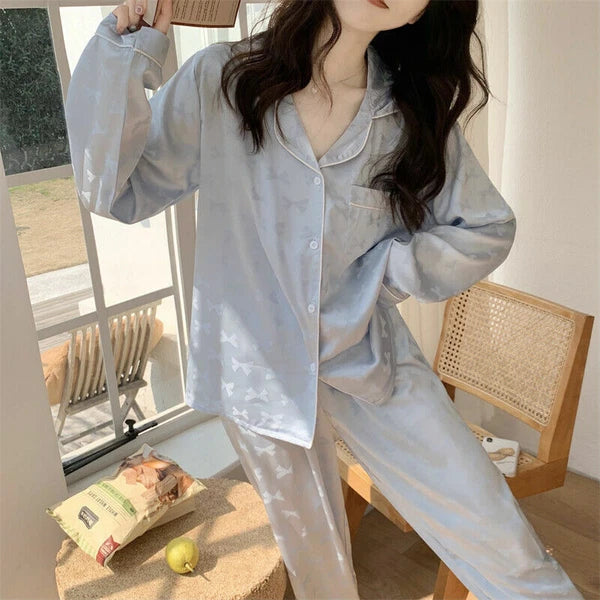 Satin Silk Soft Princess Pajama Set Women HomeClothes BowTie Kawaii Cute Pyjamas