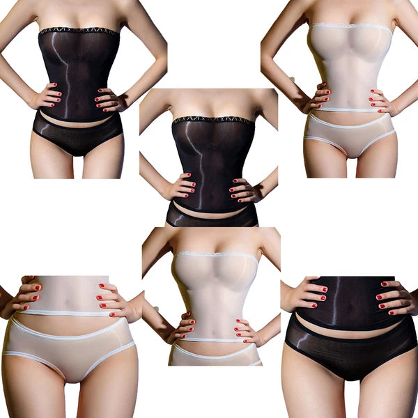Womens See Through Lingerie Set Sexy Strapless Top  with Thongs Glossy Underwear