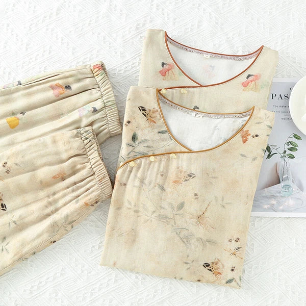 Chinese style Women's Bamboo Fiber Hanfu Summer Long Sleeved Topa & Pants Set