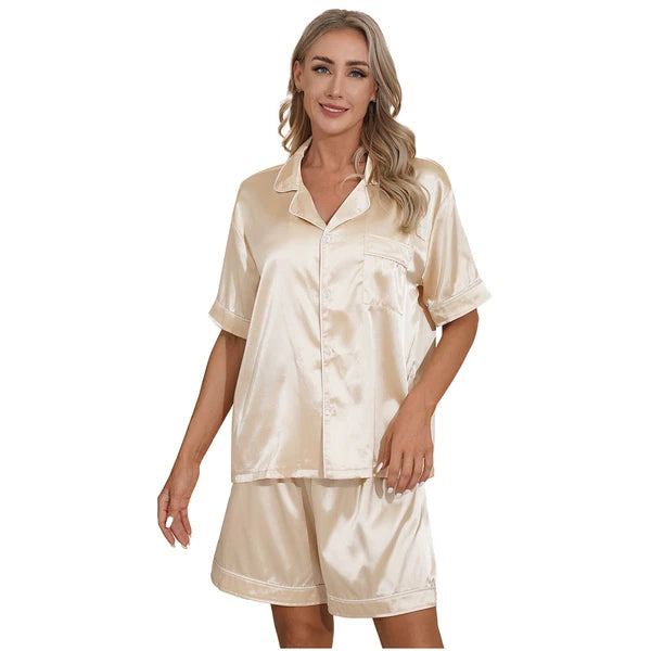 AU Womens Solid Satin Pajamas Set Tops with Shorts 2 Piece Sleepwear Loungewear