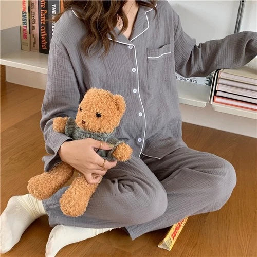 Spring Pajama Set Women Pure Cotton Crepe Long Sleeve Pajamas Suit Layer Gauze