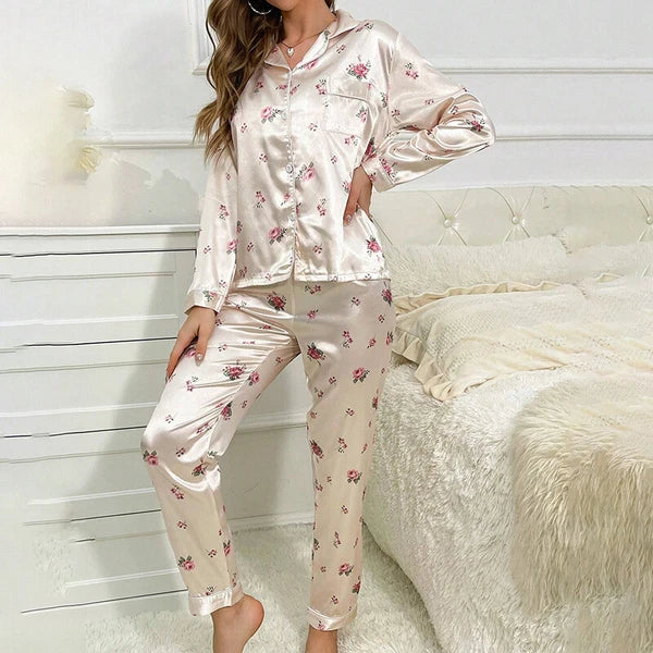 Women Silk Satin Pajamas Set Long Sleeve Button-Down Sleepwear Loungewear Charm