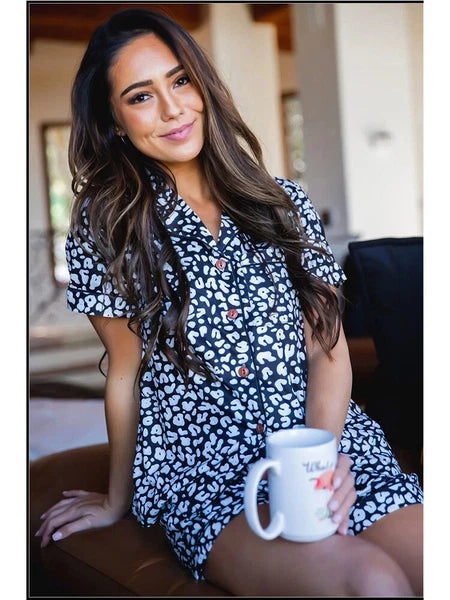 Women Summer Printed Pyjamas Set Short Sleeve Top+Short Pants Sleepwear Homewear