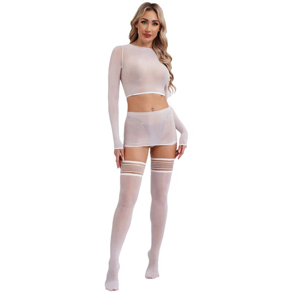 Womens Crop Top And Skirt With Stockings Round Neck Nightwear Tempting Glossy