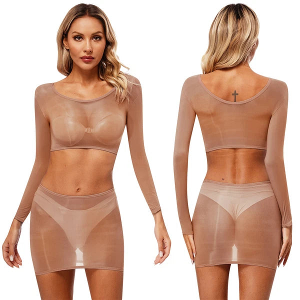 Womens Nightwear Long Sleeve Clubwear Bodycon Outfits Nylon Pajamas Sexy Mini