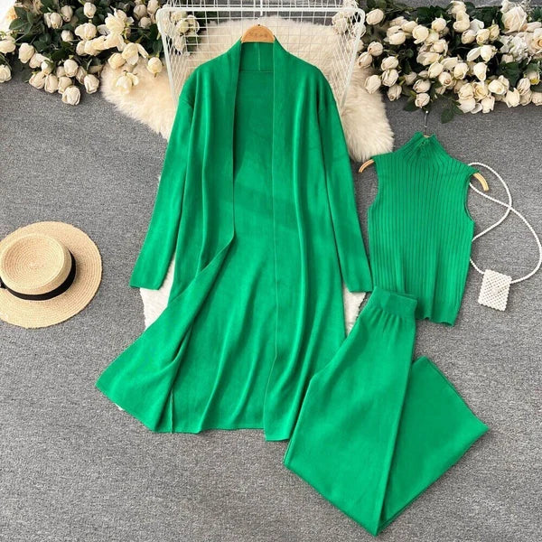 2023 Spring Knitted Women's Long Sleeved Cardigan+vest+long Pants Pajama Set