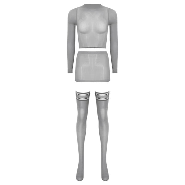 Womens Crop Top And Skirt With Stockings Round Neck Nightwear Tempting Glossy