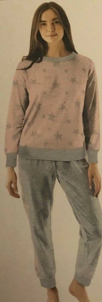SPLENDID WOMENS 2 PIECES PAJAMAS SET SLEEPWEAR PINK/GREY STARS