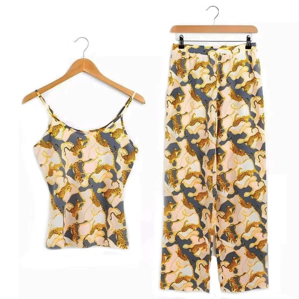 Ladies Pyjama Set Leopard Printed Womens Sleepwear Sleeveless PJS Vest Nightwear