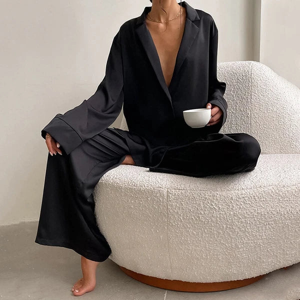 Luxury Women Oversized Silk Satin Sleepwear Sexy Pajamas Set Long Sleeves Pyjama