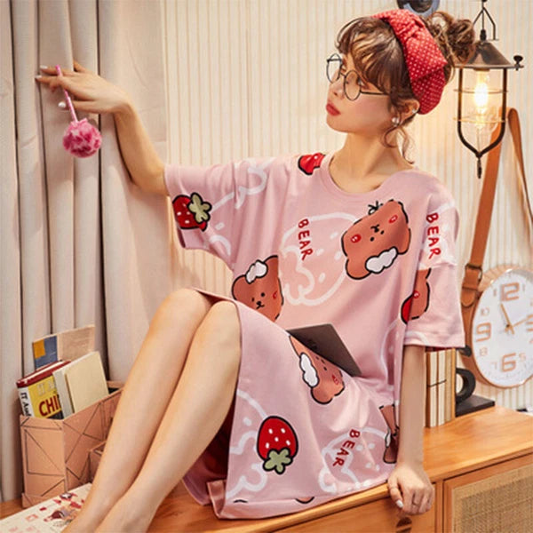Summer Women's Sleep Shirt Dress Short Sleeve Cotton Casual Nightwear Pajama Set