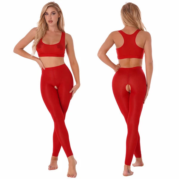 Women 2pcs Lingerie Set Sleeveless Crop Top High Waist Crotchless Leggings Pants