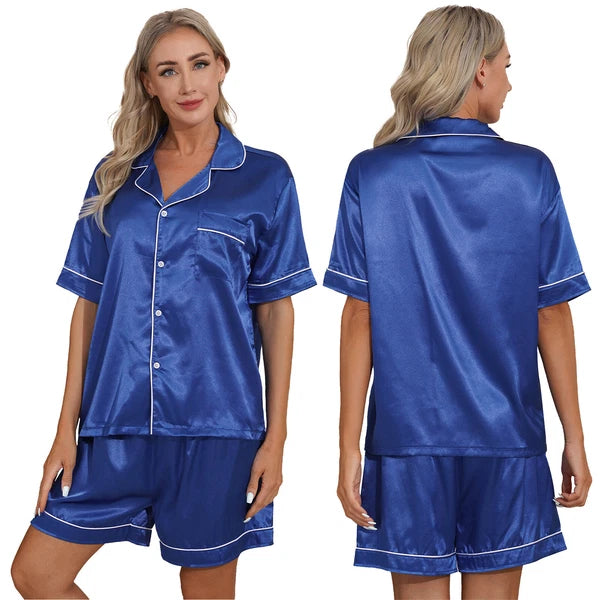 AU Womens Solid Satin Pajamas Set Tops with Shorts 2 Piece Sleepwear Loungewear