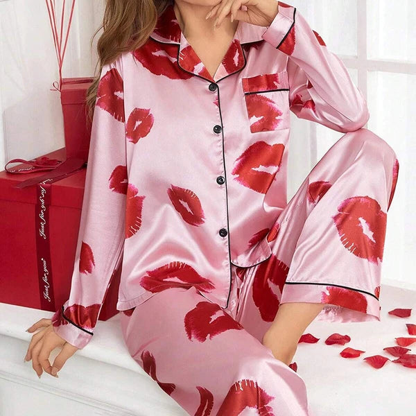 Women Silk Satin Pajamas Set Long Sleeve Button-Down Sleepwear Loungewear Charm