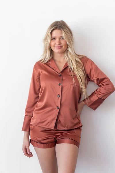 Satin Pajama Set 2 Piece Long Sleeve & Shorts Bridal Party Sleepwear