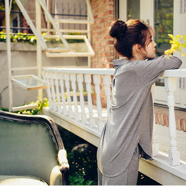 2PCS Pajama Sets Women Long Sleeve Solid Loose Breathable Soft Lady Suit Womens