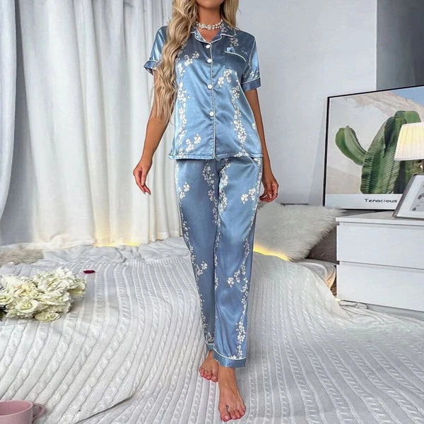 Women's Silk Satin Pajamas Set Short Sleeve Print Sleepwear Nightwear Pyjamas PJ