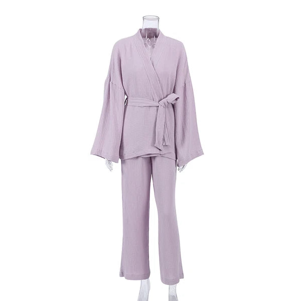 100% cotton women's nightgown pajamas set flared pajamas trousers set 2pcs