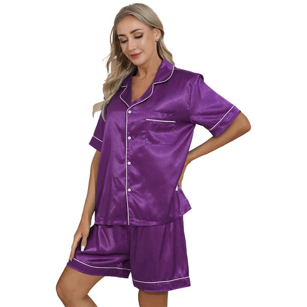 Women's Satin Pajamas Short Sleeve Top with Shorts Sleepwear Loungewear AU