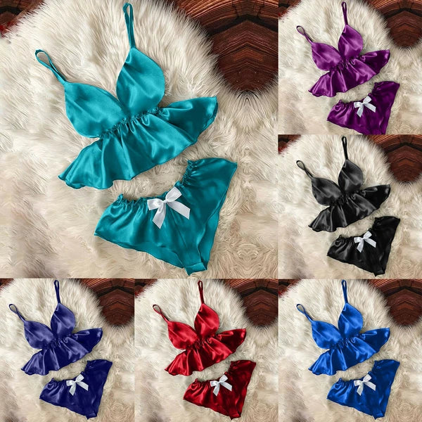 Women Sexy V-Neck Lace Sleepwear Satin Camisole Bowknot Shorts Pajamas 2Sets