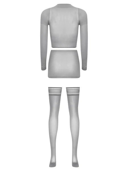 Womens Crop Top And Skirt With Stockings Round Neck Nightwear Tempting Glossy