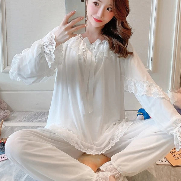 Women Girl Lace Mesh Pajamas Sets Nightie Lolita Ruffle Babydoll Sleepwear Sweet