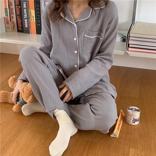 Spring Pajama Set Women Pure Cotton Crepe Long Sleeve Pajamas Suit Layer Gauze