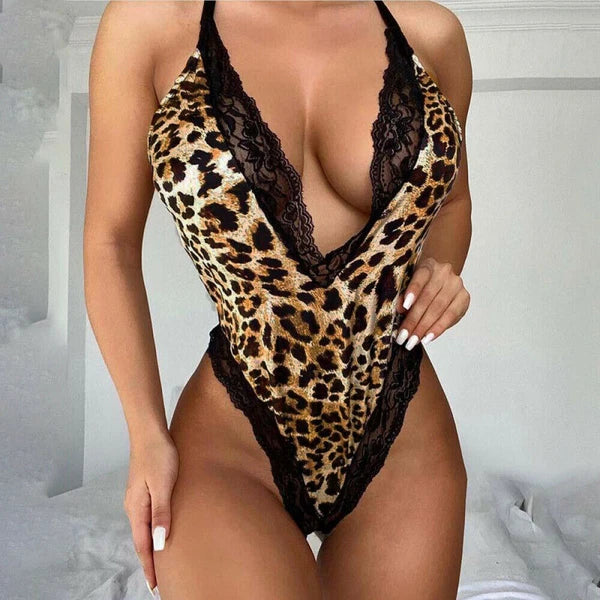 Womens Leopard Lace Bodysuit Lingerie Babydoll Nightwear Sleepwear Underwear