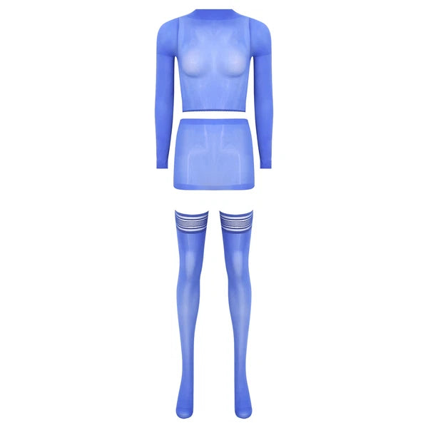 Womens Crop Top And Skirt With Stockings Round Neck Nightwear Tempting Glossy