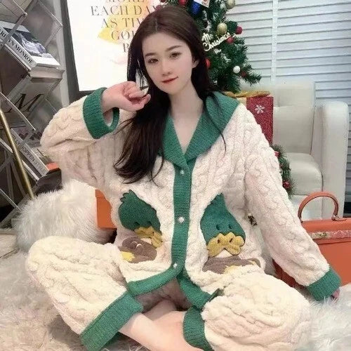 Coral Fleece Pajama Sets Women Single Breasted Turn-down Collar  Elastic Waist