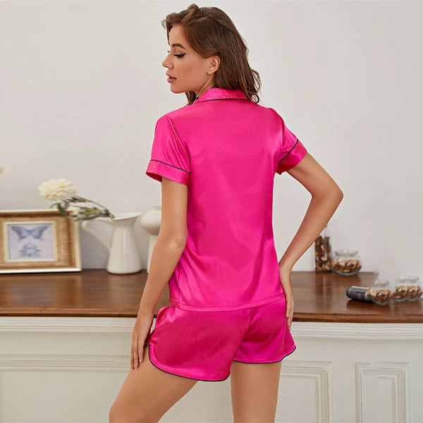Women's Short Sleeve Silk Pajamas Set Print Satin Sleepwear Homewear Nightwear