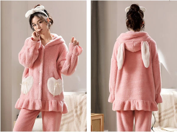 Women Winter Warm Hooded Set Flannel Sleepwear Pajamas Nightwear Loungewear